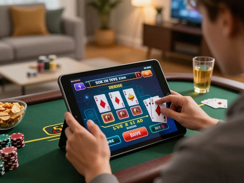 Engaging in strategic gameplay at hubet online casino on a tablet, showcasing vibrant live dealer action.