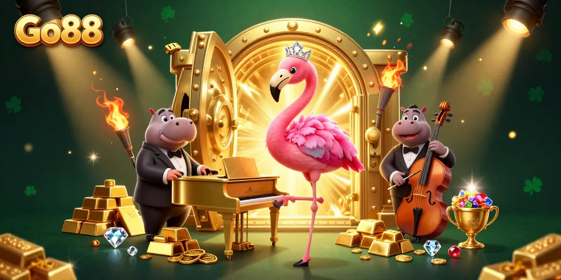 Experience the thrill of Go88 with vibrant slots, gems, and charming characters in an electrifying casino scene.