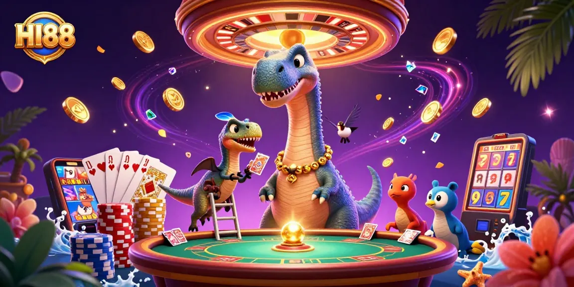 Experience the excitement of HI88 with a lively casino scene featuring unique characters and vibrant gaming elements.