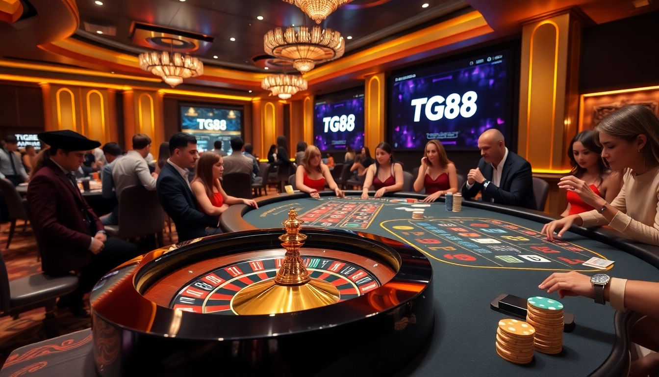 Experience the thrill of betting at TG88 casino with poker chips and roulette.