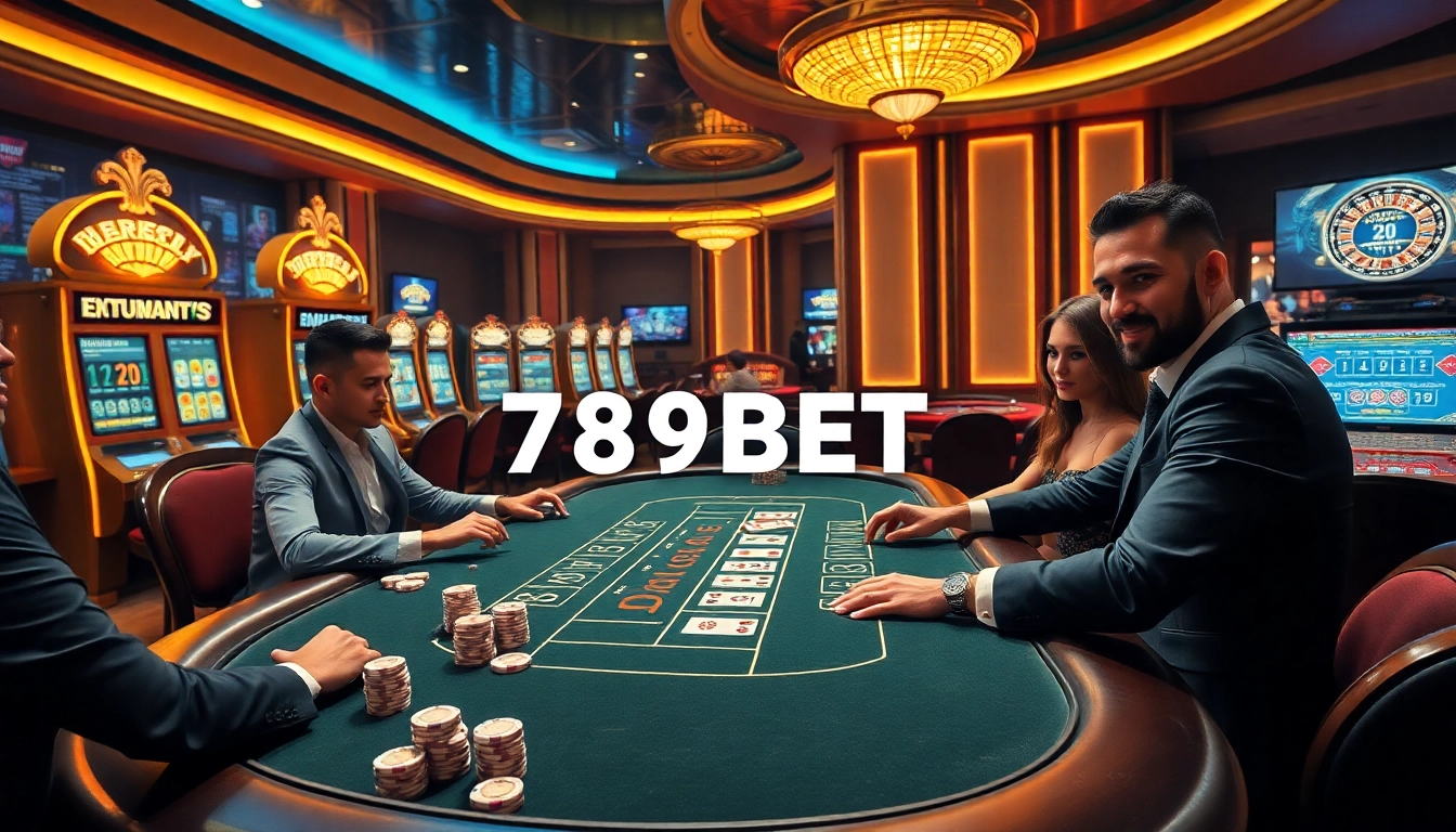 A dynamic casino scene highlighting players at a blackjack table, showcasing the excitement of 789BET gaming.