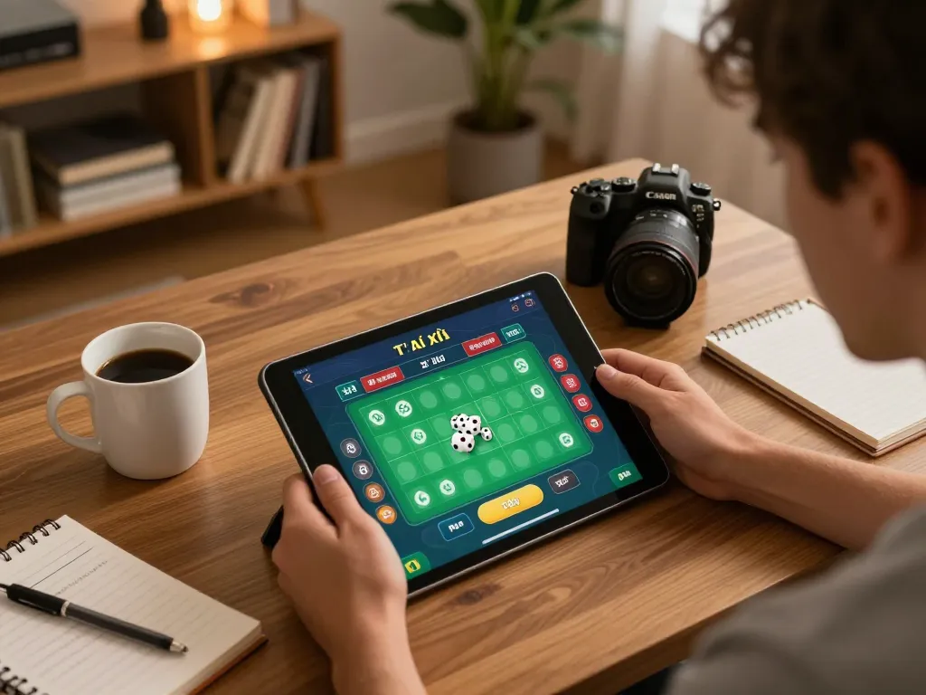 Engaged player using app tài xỉu on tablet, showcasing gameplay and strategy in comfortable home setting.