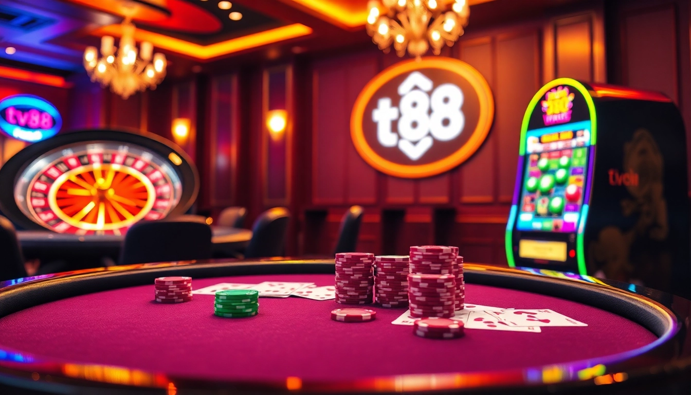 Play exciting games at tv88.page, featuring luxurious casino tables, vivid poker chips, and a dazzling roulette wheel.