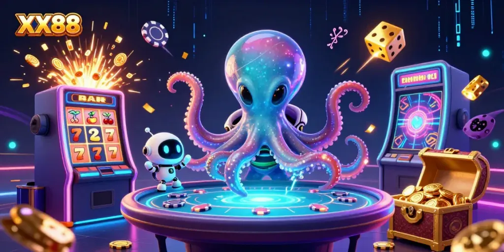 Experience thrilling gameplay at XX88 with an alien octopus running a lively poker game.