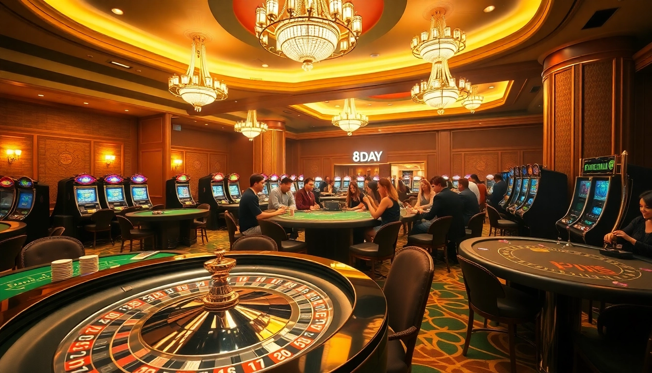 Experience the thrill of 8DAY casino gaming with vibrant tables, poker chips, and roulette wheels.