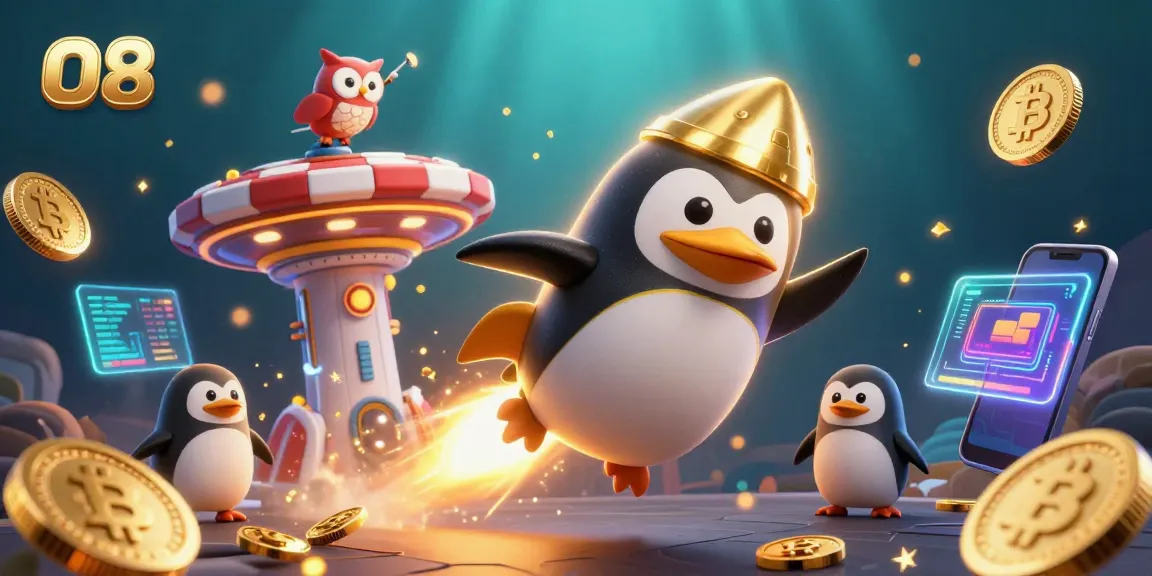 Win big at O8 with a dazzling 3D casino scene featuring vibrant game elements and crypto coins.