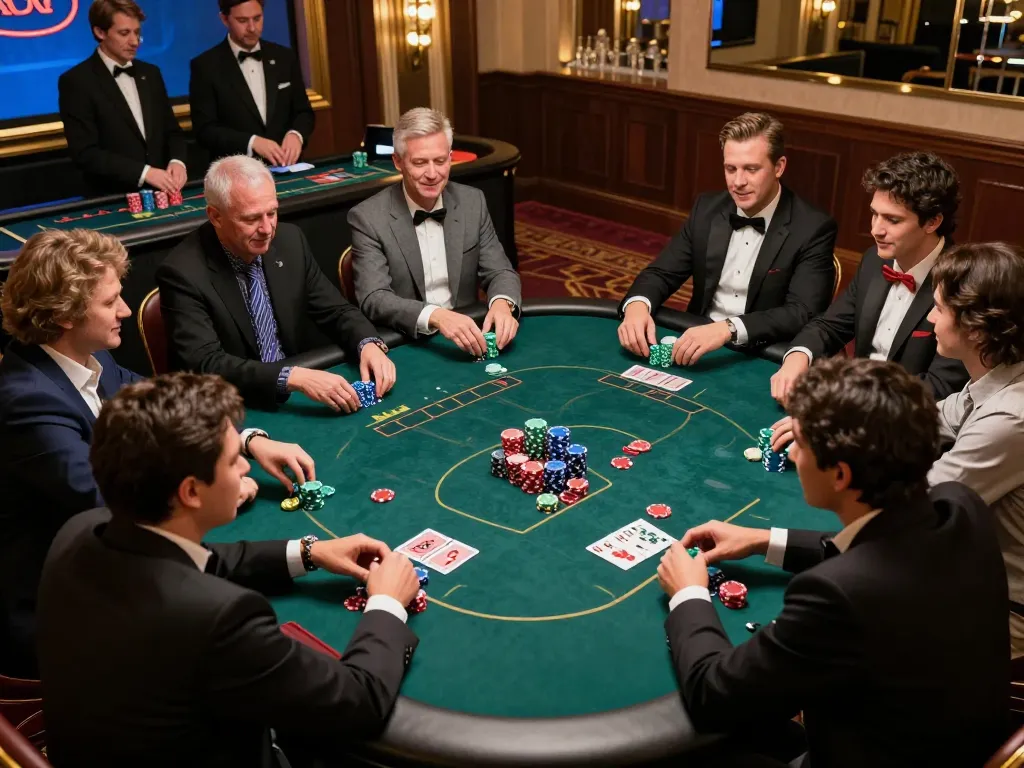 Players engaging in strategic poker gameplay at a luxurious casino table showcasing 123bet features.