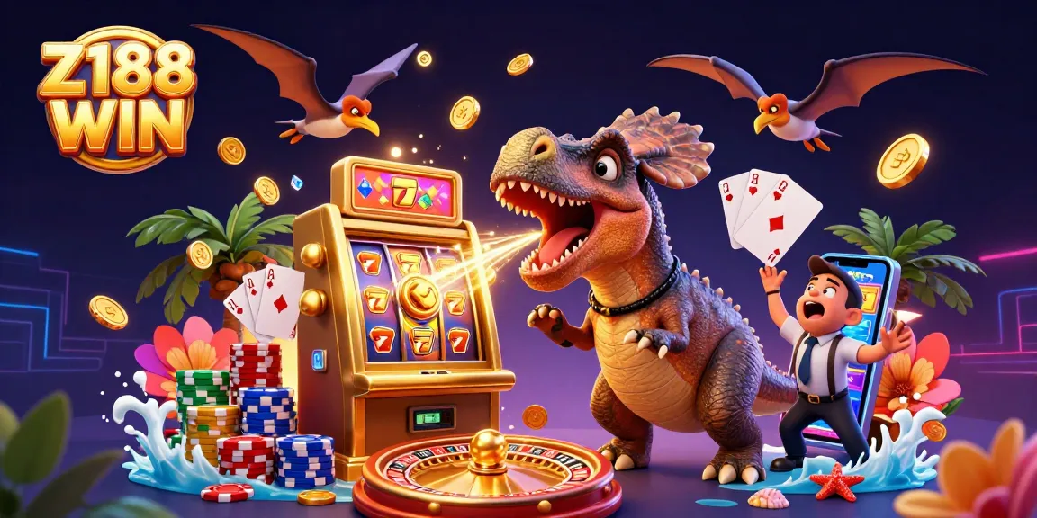 Z188 WIN celebrates casino excitement with dinosaurs and jackpots in a vibrant 3D illustration.