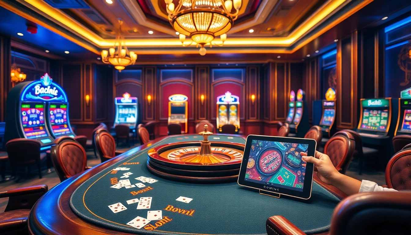 Engage in Đăng ký Bomwin with an exciting casino gaming scene full of vibrant tables and colorful slot machines.
