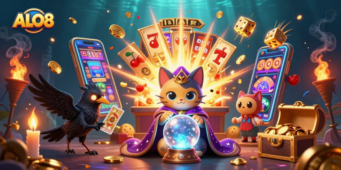 Engage with casino excitement at ALO8 with a vibrant, dynamic 3D illustration of fortune games and mystical elements.