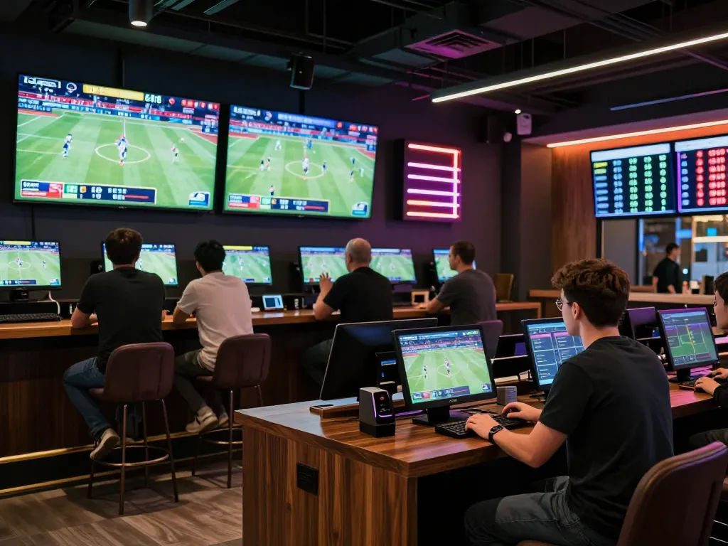 Exciting sports activity at a betting kiosk showcasing kèo nhà cái odds in a lively atmosphere.