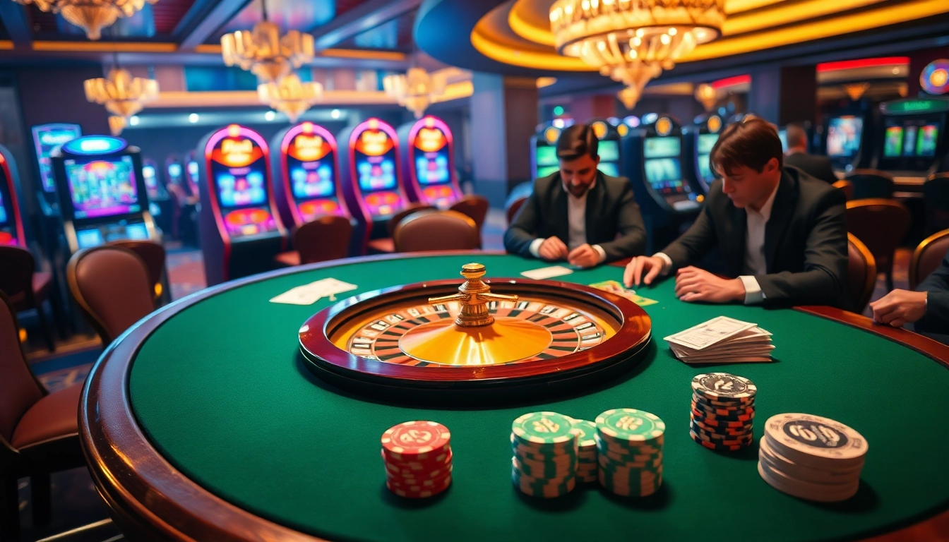 Experience the thrill at LC88 Land with vibrant casino tables, roulette wheels, and poker chips.