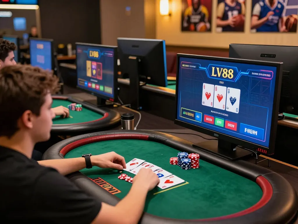 Players enjoying their experience on the LV88 online casino platform with poker chips and cards.