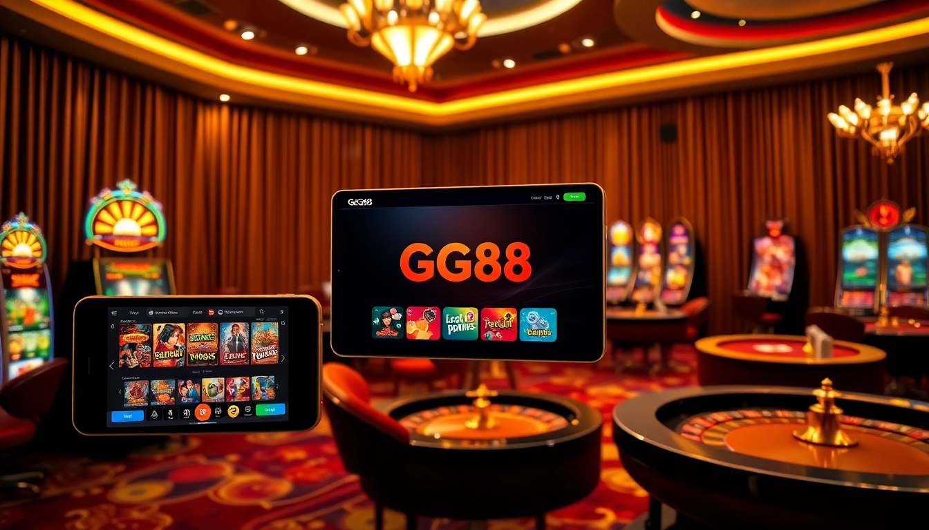 Experience excitement with GG88's mobile gambling interface on display amidst luxurious casino elements.