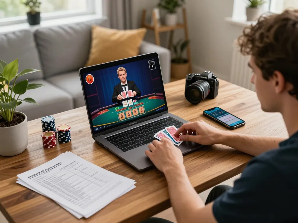 Fabet user engaging in live dealer blackjack on a laptop, showcasing strategic online gambling setup