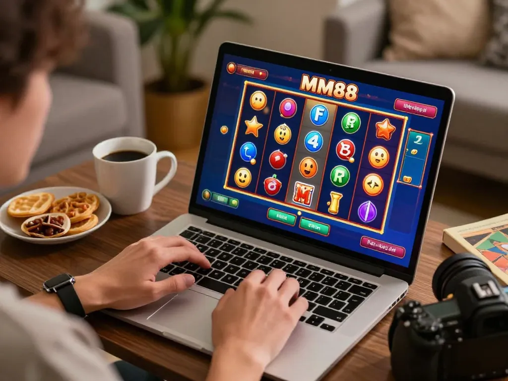 Engaging in MM88 online casino gameplay at home, showcasing dynamic slot game action on laptop