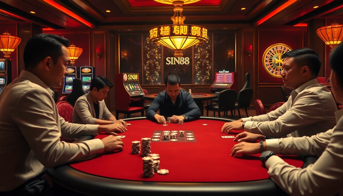 SIN88 branded poker chips stacked on a luxurious casino table with players engaged in a high-stakes game.