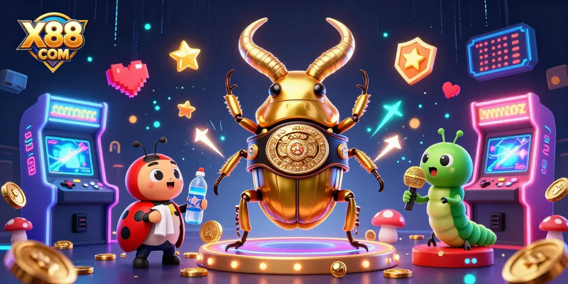 X88 COM features a dynamic scene of a golden stag beetle boxer, engaging elements of casino gaming.