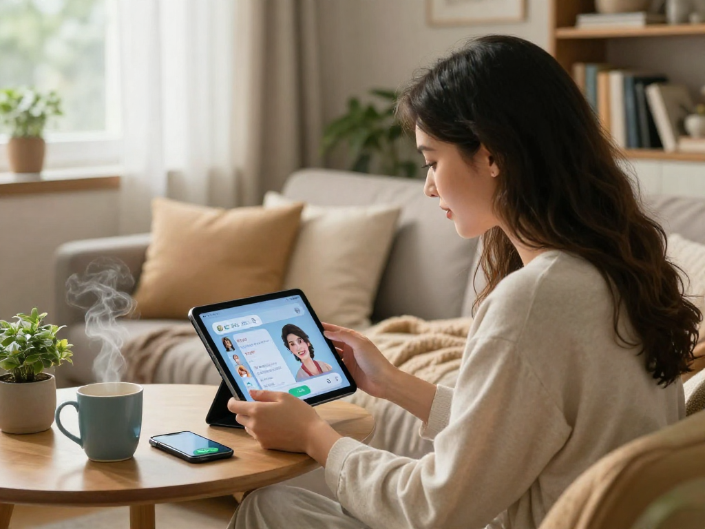 AI girlfriend conversation illustrated on a tablet in a cozy living room setting with a young woman.