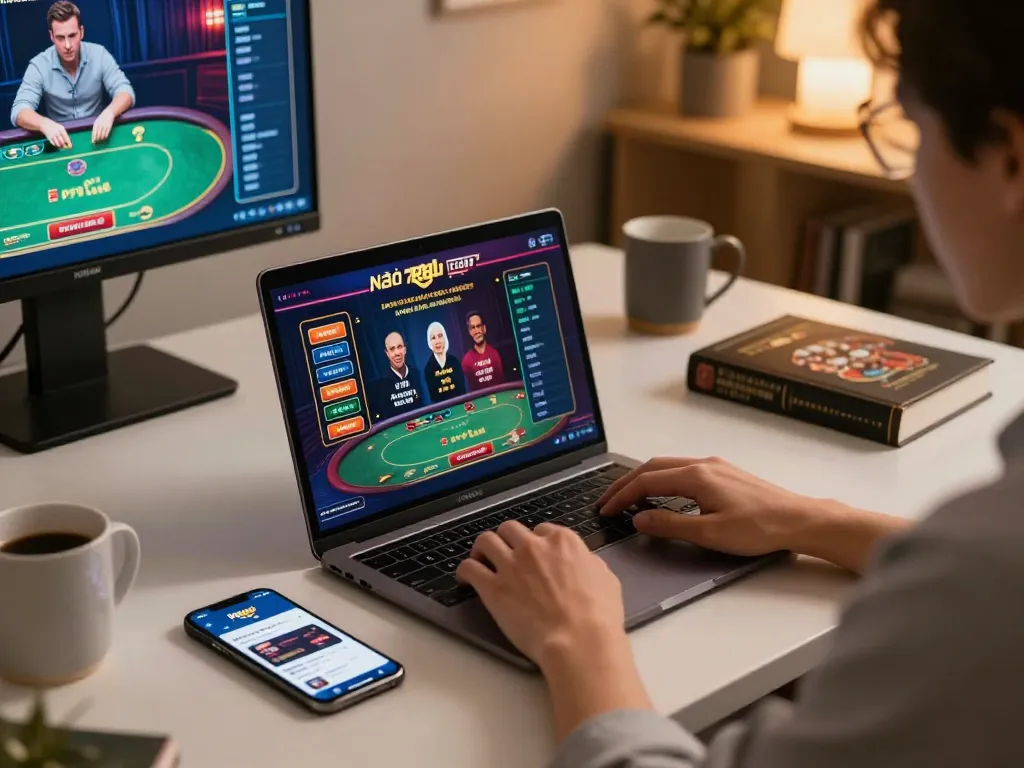 Online gaming with Nhà cái 789win app visible on smartphone and poker action on laptop, showcasing dynamic gambling.