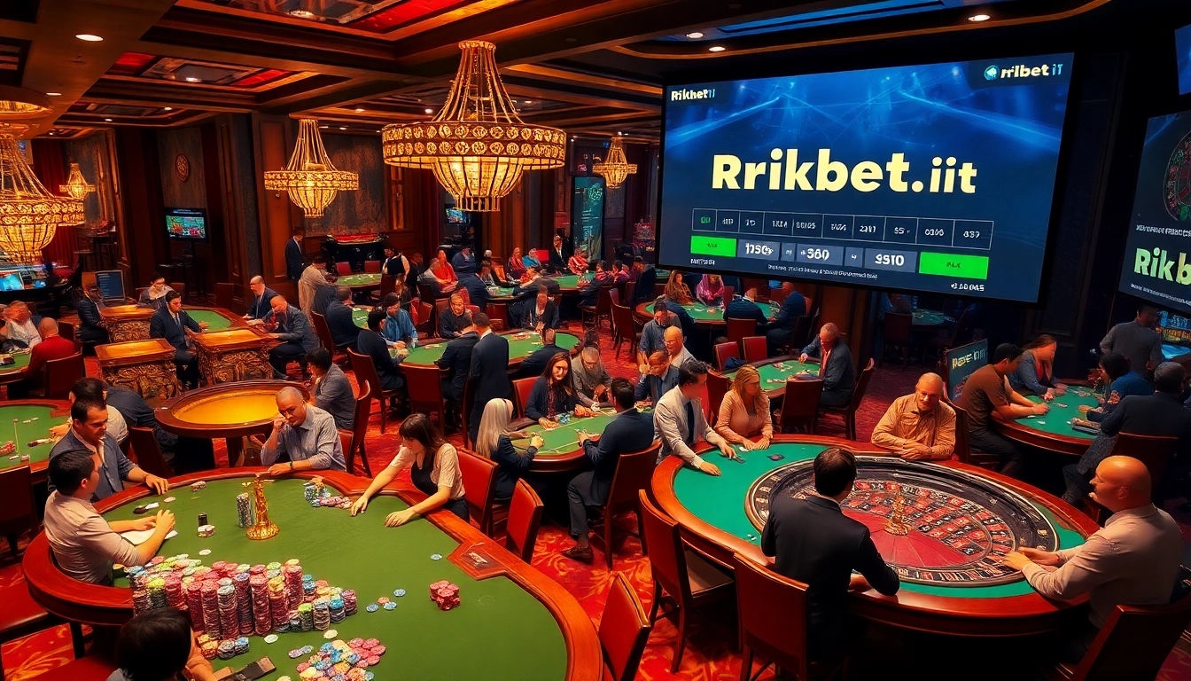 Players enjoying the thrill of gambling at https://rikbet1.it.com/ with vibrant casino tables and poker chips.