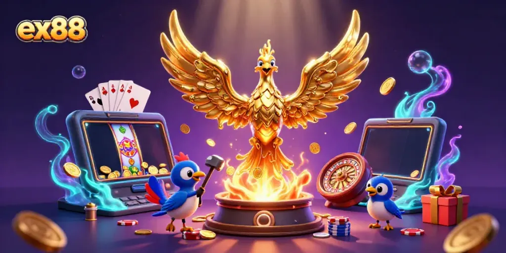 Experience the thrilling world of gaming with ex88 as golden coins rain down from a majestic phoenix.