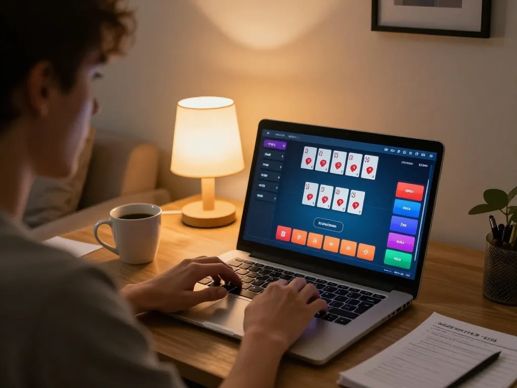 hb88 player engaged in online poker strategy using laptop at home