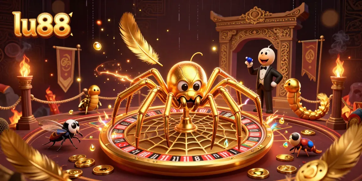 Experience thrilling bets with lu88 at a dynamic casino scene featuring a betting fly and spider croupier.