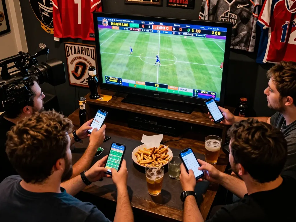 Exciting scene of friends placing bets using the 789Club app during sports events.