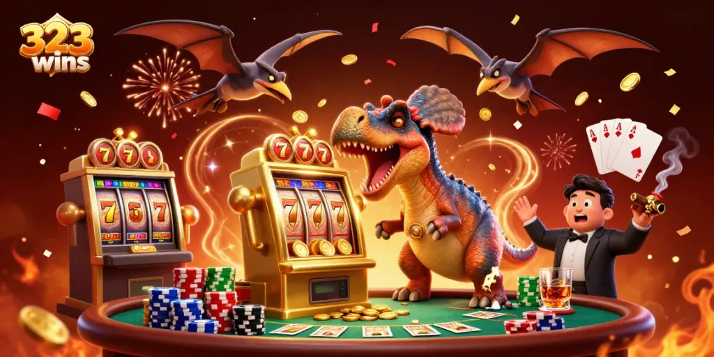 Experience the thrill of winning at 323wins with a dinosaur-themed jackpot scene featuring vibrant casino elements.