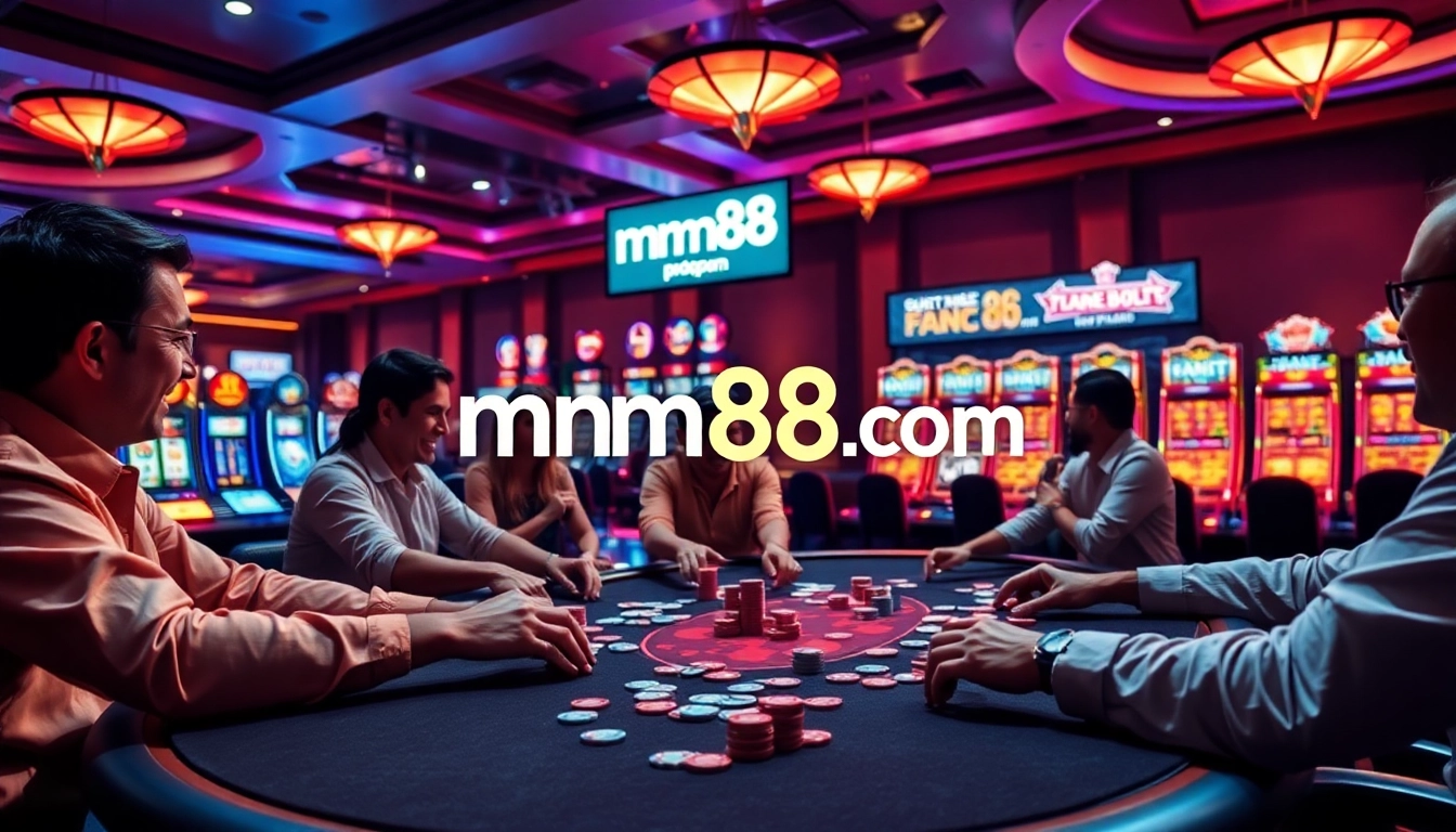 Action-packed poker game at mm88 com with vibrant casino atmosphere and engaging players.