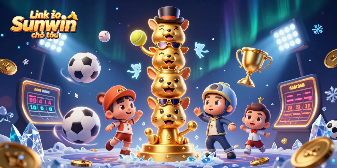 Engaging 3D cartoon style showing Link vào Sunwin chính thức with golden totem and dynamic gaming elements.