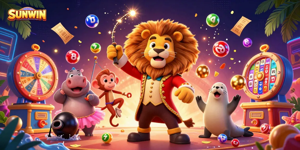 SUNWIN enhances the excitement with cartoon characters amidst lively casino elements like lottery balls and bingo cards.