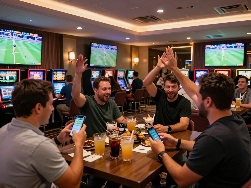 Engaged bettors enjoying live sports at the casino with Ok9 betting options visible on screens.