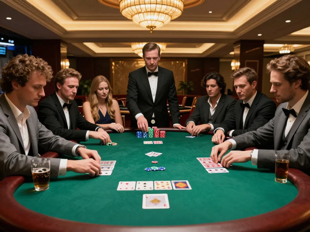 TR88 poker game with six players intensely strategizing their bets in a luxurious casino setting