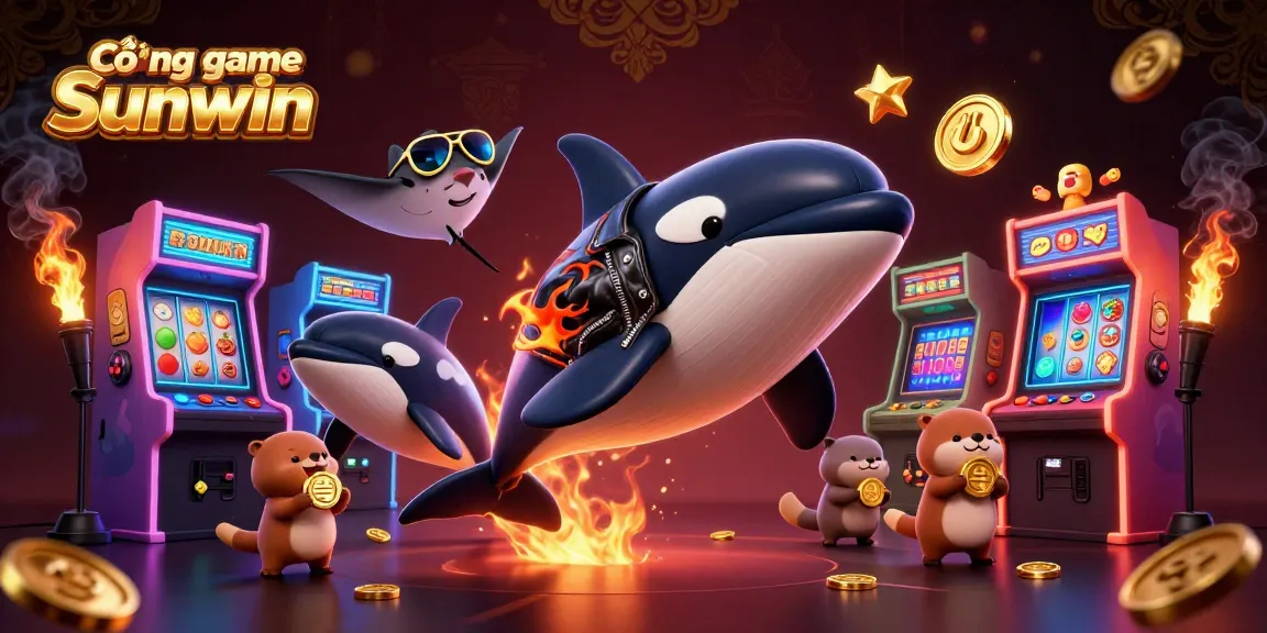 Cổng game Sunwin offers engaging fun as an orca whale and sea otters play alongside vibrant arcade elements.