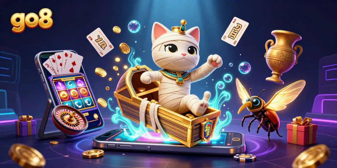 Experience the thrill of go8 gaming in this vibrant casino scene with an Egyptian mummy cat and lively game elements.