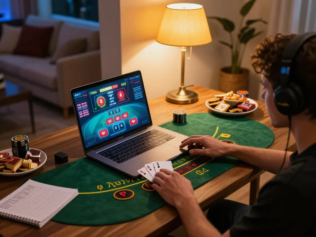 Playing online blackjack on laptop with HI88 gaming interface and cozy ambiance