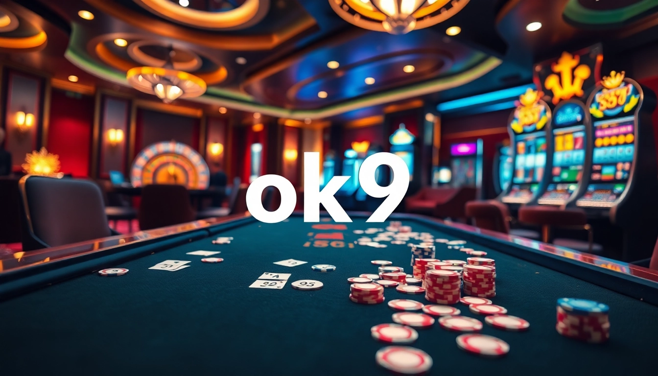 Experience the thrill of betting with ok9 at a modern casino, showcasing an exciting poker table and roulette wheel.