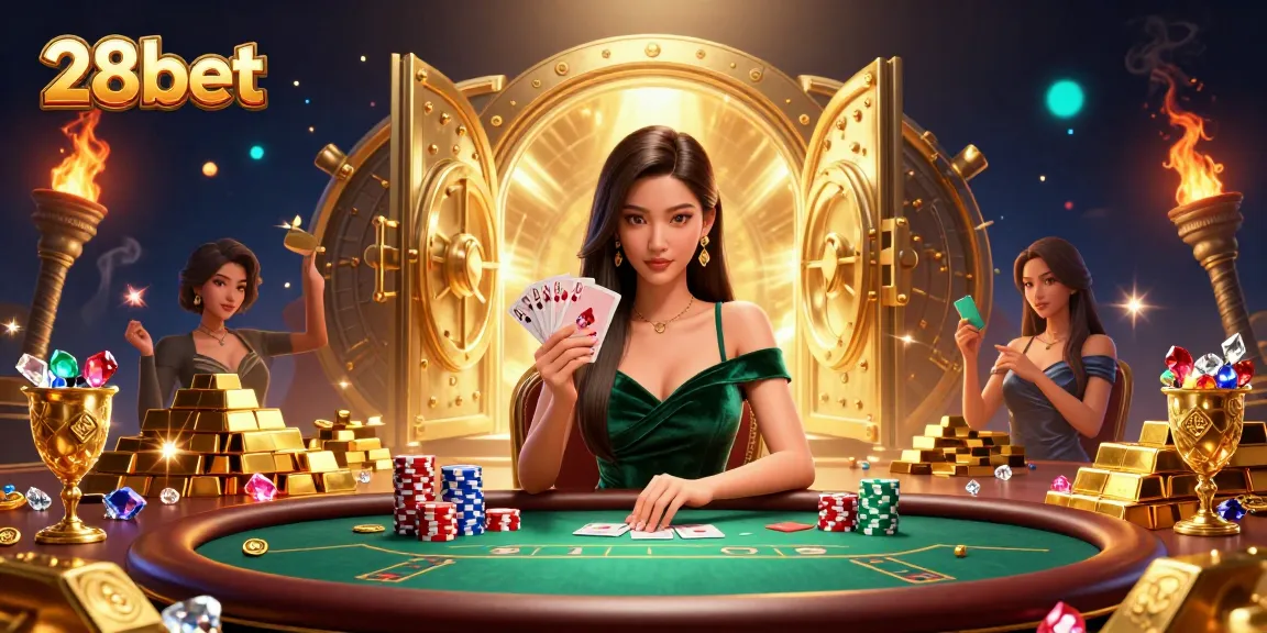 Play poker and win big at 28bet with a beautiful Asian dealer at a luxurious table.