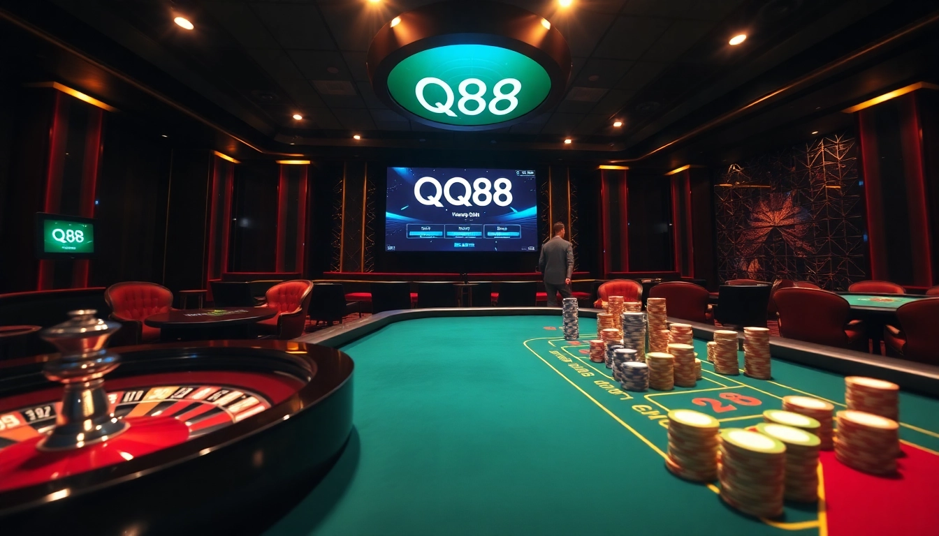 Engaged players strategizing at the QQ88 online casino table, surrounded by chips and cards.