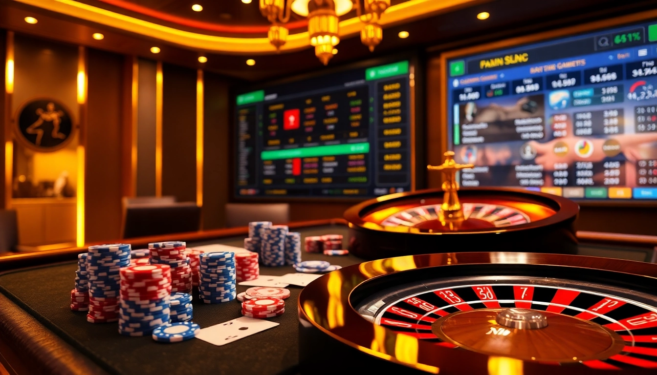 Gamble strategically at https://f168.me/ with vibrant poker chips and a roulette wheel in an elegant casino.