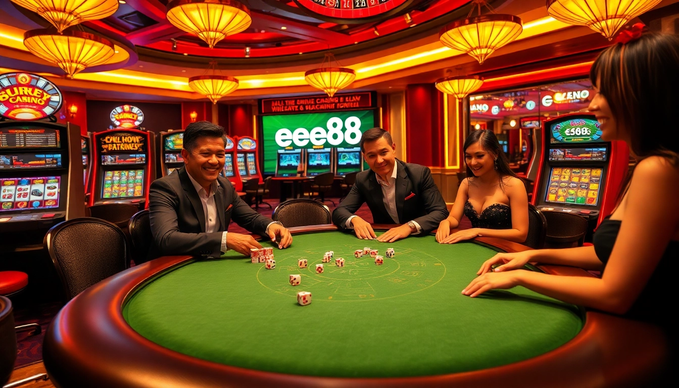 Exciting gaming experience at ee88 casino with vibrant slot machines and poker tables.