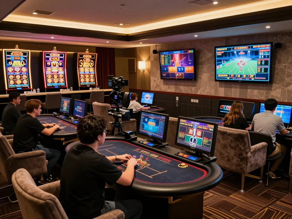 Players engaging with F168's various game interfaces in a luxurious online gambling lounge.
