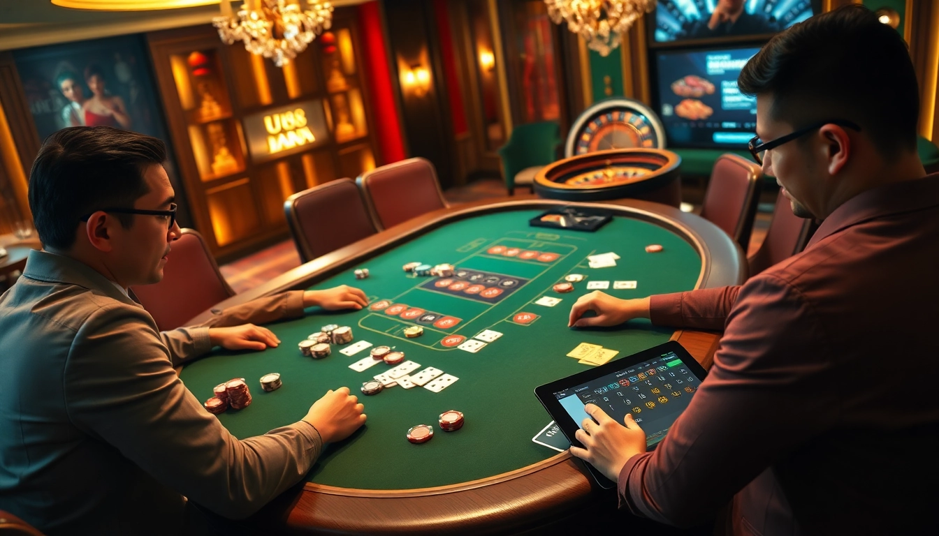 Excited players engaging at the UU88 casino table with vibrant poker chips and cards.