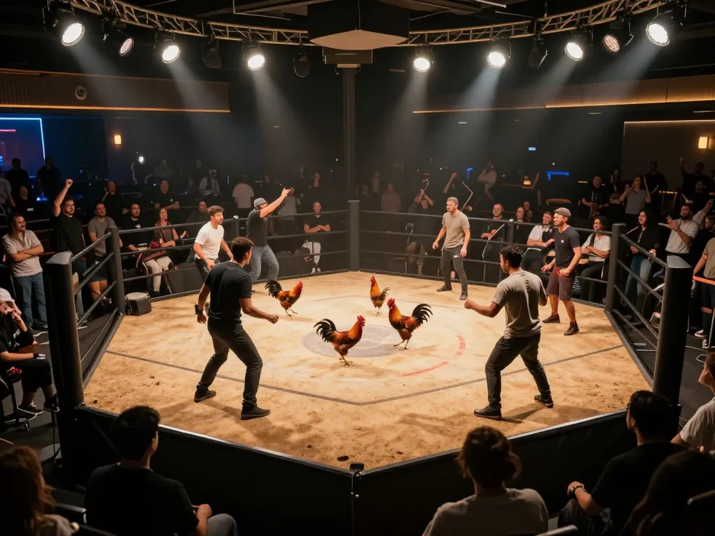 Đá gà thomo live action showing spectators cheering during exciting rooster fights in a vibrant arena.