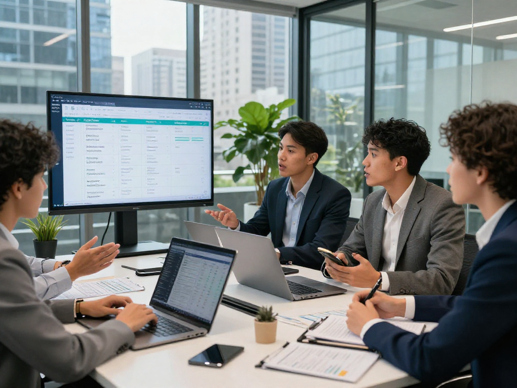 Professional real estate team discussing IDXSTAR listings in a modern office.