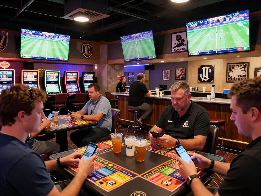 Place your bets with fabet in a lively sports betting area, showcasing excitement and engagement.
