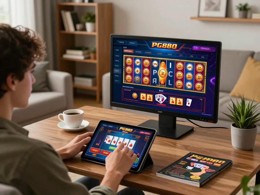 Player enjoying gaming experiences tại PG88 on a tablet in a cozy home setting.