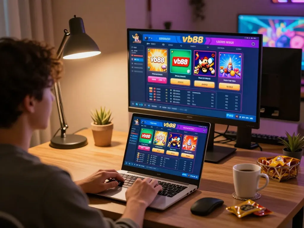 Engaging gameplay on vb88 online casino laptop with snacks and warm lighting